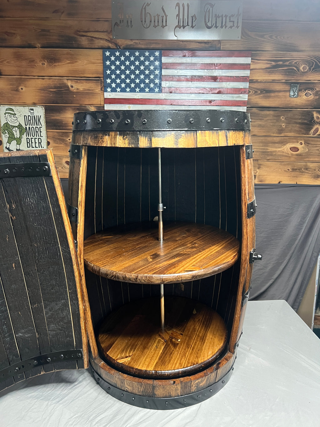 Whiskey Barrel With Shelves – Rustic Bar Storage & Home Décor