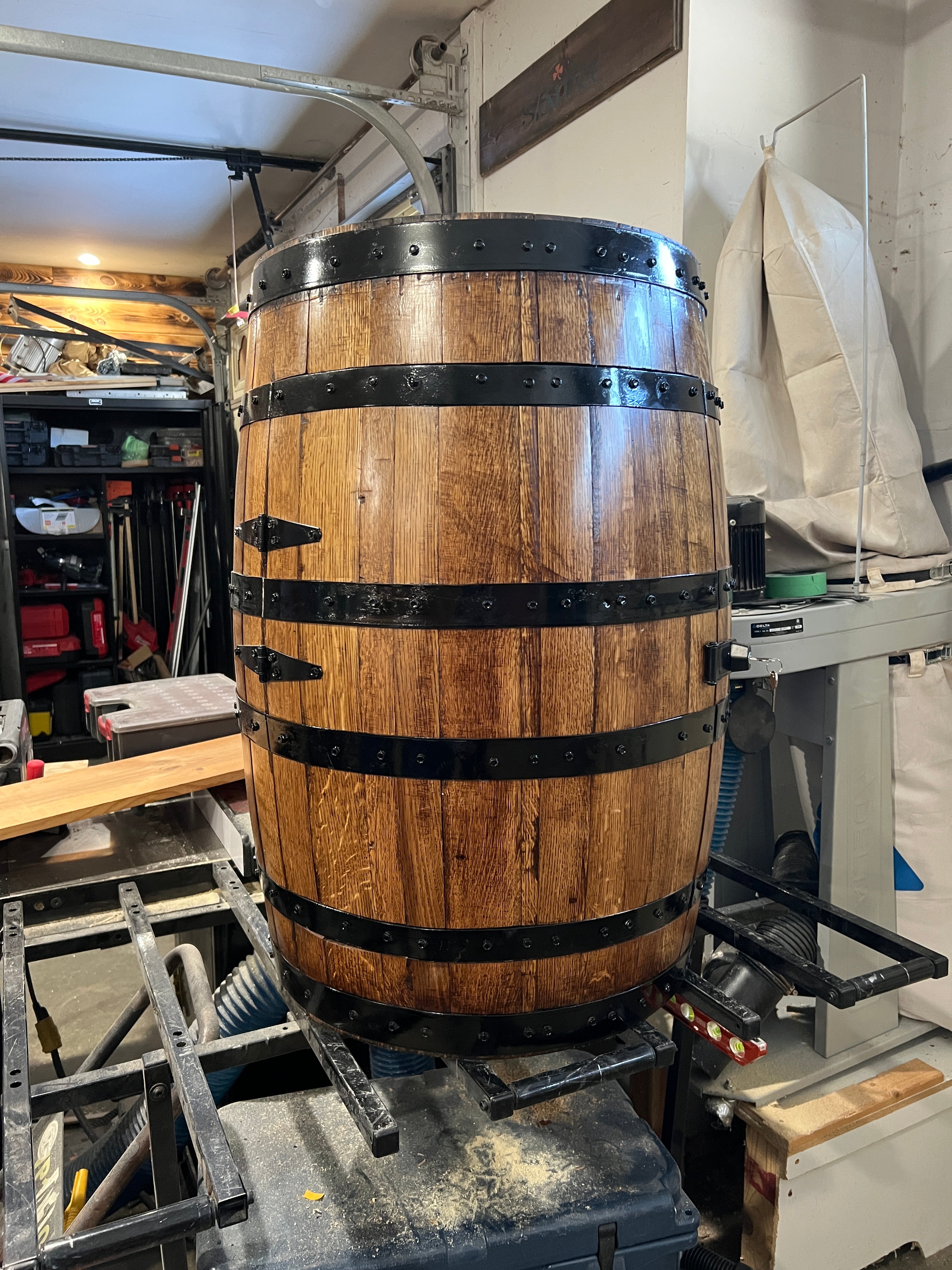 Whiskey Barrel With Shelves – Rustic Bar Storage & Home Décor