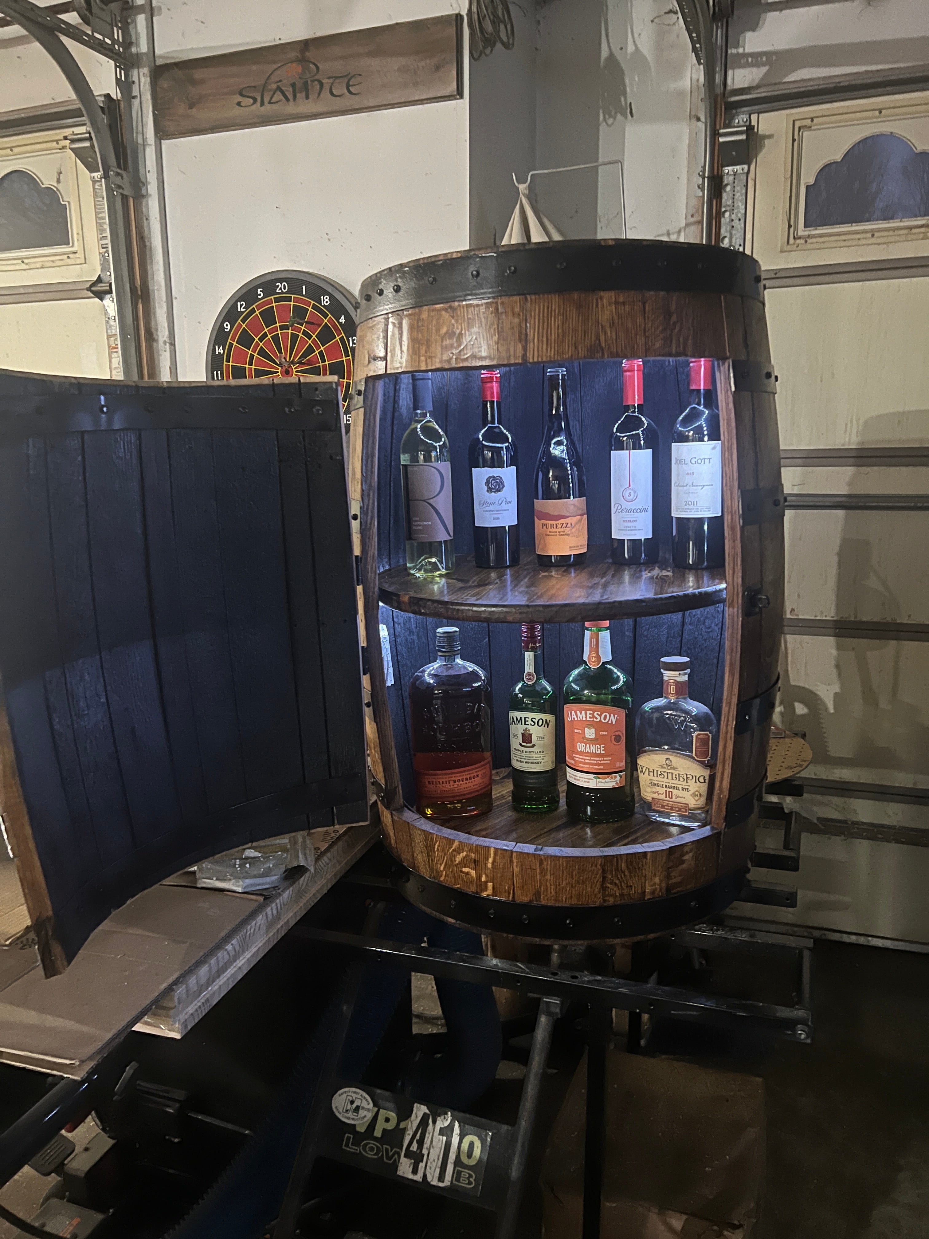 Whiskey Barrel With Shelves – Rustic Bar Storage & Home Décor